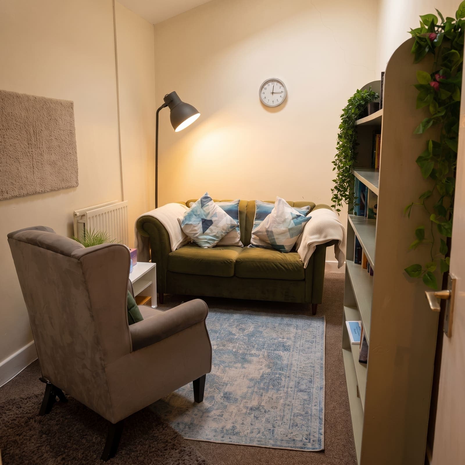 The quiet practice room at Chapter House, with two comfortable seats facing one another