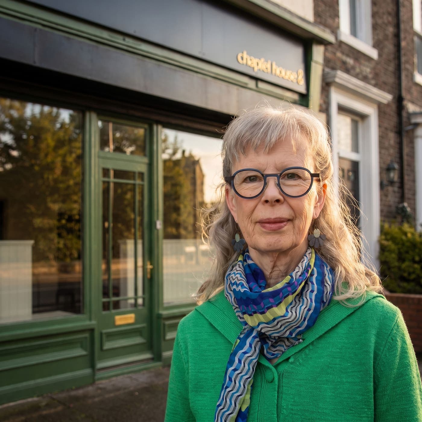 Alison by the green door of Chapter House, where she'll meet you